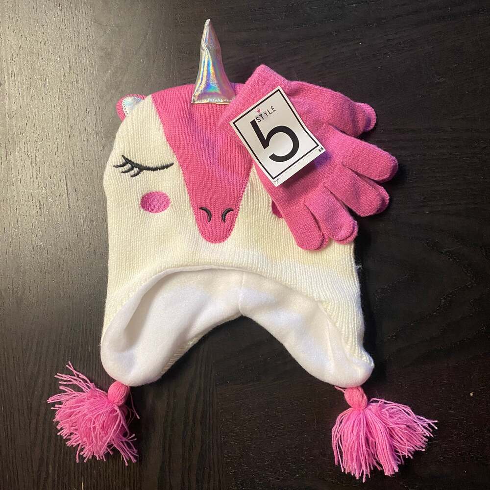 NWT Girls White Pink Unicorn Chullo Beanie Winter Hat Cap & Gloves Bundle